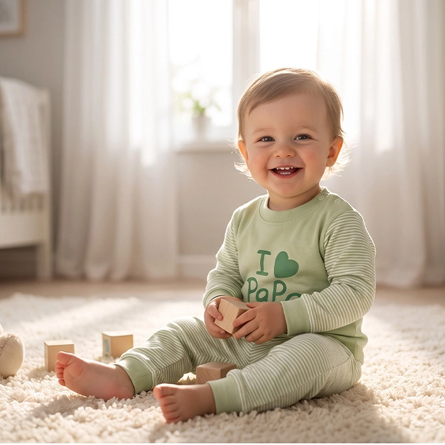 A smiling toddler in a green striped "I ❤ PaPa" onesie playing with wooden blocks in a sunlit nursery
