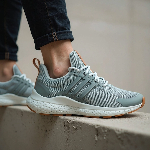 Close-up of a gray running shoe worn on someone's foot, stepping onto a concrete ledge
