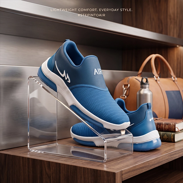 A pair of blue running shoes on a display stand in a wood-paneled closet, next to a leather duffel bag and water bottle