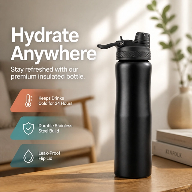 A black insulated water bottle on a wood table with "Hydrate Anywhere" marketing copy and feature callouts