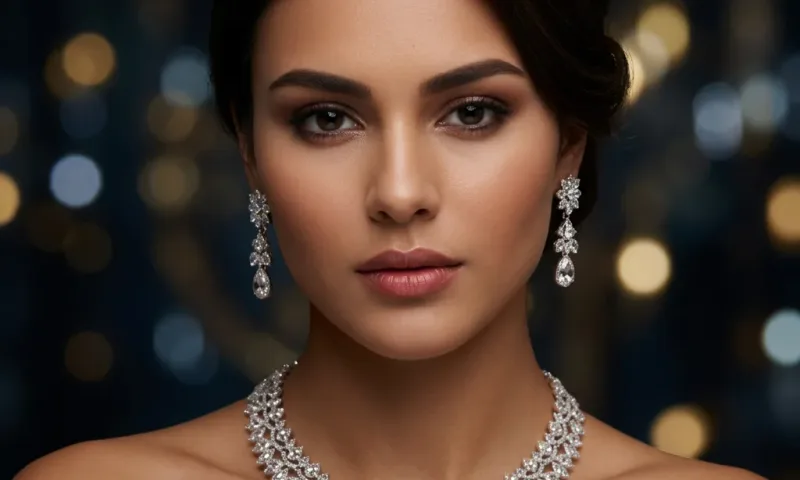 A woman wearing a diamond necklace and matching earrings, photographed in an elegant dark bokeh-lit portrait