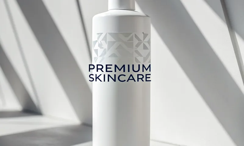 A white skincare bottle labeled Premium Skincare against a geometric shadow-striped background
