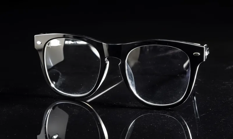 A pair of glasses photographed on a dark reflective surface with dramatic side lighting