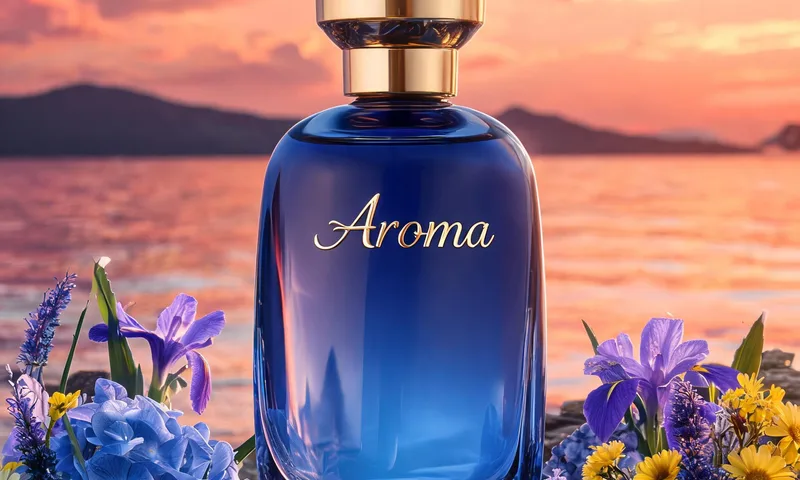 A blue glass perfume bottle labeled Aroma among wildflowers at sunset by the sea